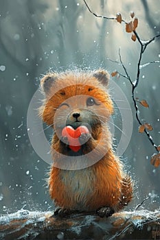 Illustration of lovely little red fox with red heart. Ai