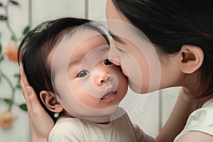 illustration of Loving Asian Mother Holding Her Newborn Baby Close Face to Face, generative AI