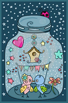 Illustration of loving couple birds in glass jar