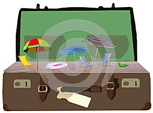 Illustration of luggage with beach umbrellas and chairs isolated on white background