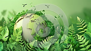 illustration of a lush green globe surrounded by foliage, symbolizing environmental care and nature conservation