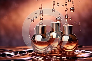 Illustration of a luxurious setup of three golden-hued bottles of perfume