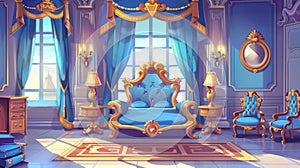 An illustration of a luxury bedroom 2D interior with a parallax background. A bed with canopy, a lamp, a mirror