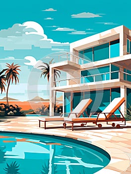 Illustration of a luxury hotel terrace with a swimming pool, sun loungers and an umbrella. Tourism and vacation concept.