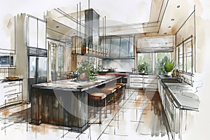 An illustration of a luxury kitchen design with a large gray island with stools a counter top and floor and cabinets