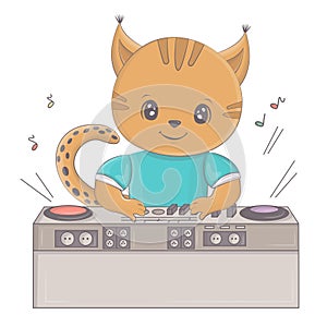 An illustration of a lynx behind a DJ console. Vector illustration of a cute animal. Cute little illustration lynx for