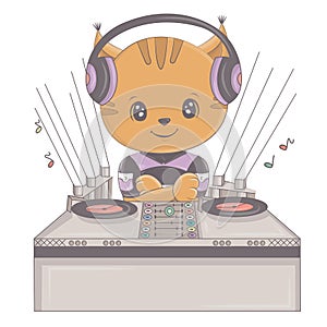 An illustration of a lynx behind a DJ console. Vector illustration of a cute animal. Cute little illustration lynx for