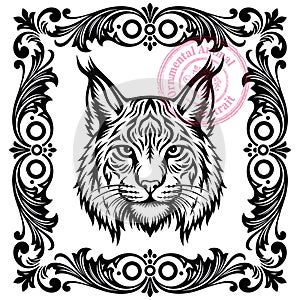 A lynx face illustration framed in silver ornate border, blending fine engraving