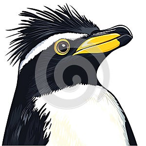 Illustration of a macaroni penguin (Eudyptes chrysolophus) in profile. Features a photo