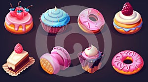 An illustration of macaroons, donuts, muffins, waffles, and roulades for 3 match gui design. Delicious dessert