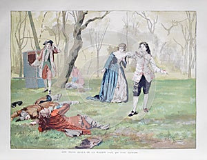 Illustration of Mademoiselle de Maupin winning her three duels