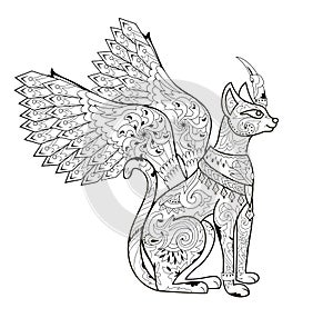 Illustration of magic fairyland animal from ancient legend. Black and white page for kids coloring book. Print for logo or tattoo