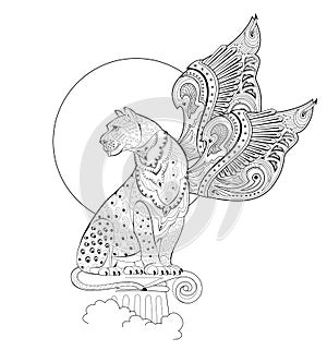 Illustration of magic fairyland griffin from ancient legend. Mythological warlike animal with wings. Black and white page for