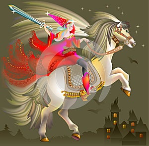 Illustration of magic princess wits a sword riding on horse.