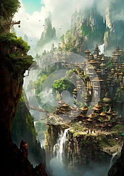 Illustration of a magical city in the middle of a mountain valley