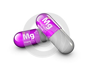 Illustration of Magnesium mineral. Glossy drop pill capsule and vitamin complex. Healthy life medical dietary supplement