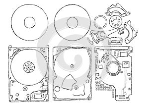 Illustration of a magnetic hard disk drive componets