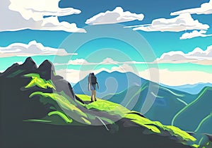 Illustration of a majestic depiction of a mountain climber in a breathtaking landscape