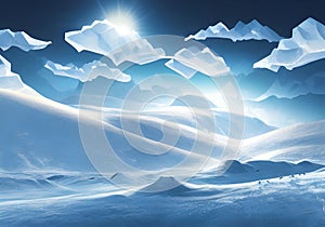 Illustration of Majestic Snowy Hills and Distant Mountains: A Serene Winter Landscape with White Clouds and a Bright Sun