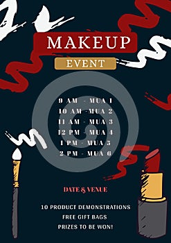 Illustration of makeup event, timings and mua 1,2,3,4,5,6, date, venue, 10 product demonstrations