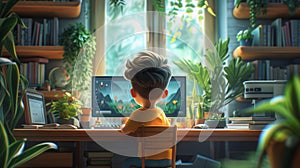 Illustration of male, boy teenager working, using computer on desk with books and plant pot,and a lucky doll work from home