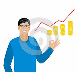 An illustration of a male doing a perfect sign and pointing at a graphs