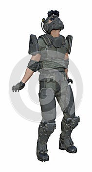 Illustration of a male soldier in full gear leaning back and looking up in exasperation isolated on a white background