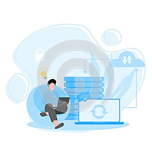 Illustration of a Man Backing Up Big Data on a Laptop