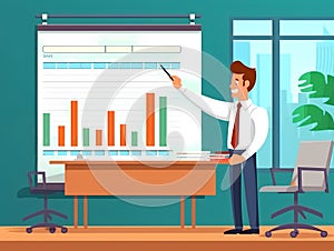 Illustration of a man banker draws a graph. Presentation of trends and pivot tables. Work place