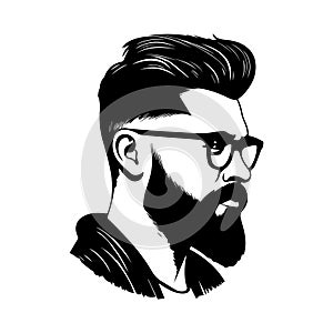 Illustration of man with beard and hairstyle in black and white style.