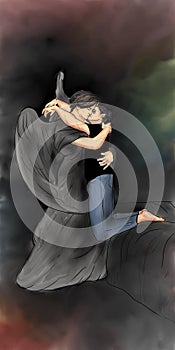 illustration of a man being hugged by a helper angel, very beautiful for product design