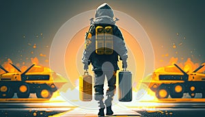 An illustration of a man in bomb squad clothing walking, a tense and suspenseful depiction of danger
