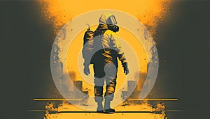 An illustration of a man in bomb squad clothing walking, a tense and suspenseful depiction of danger