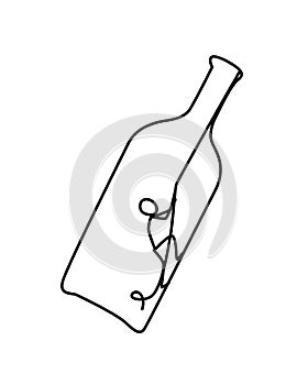 Illustration of a man in a bottle. Vector. The little man is trying to get out of the bottle. The fight against alcohol. Anonymous