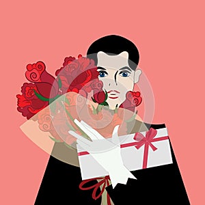 illustration of a man with a bouquet of roses
