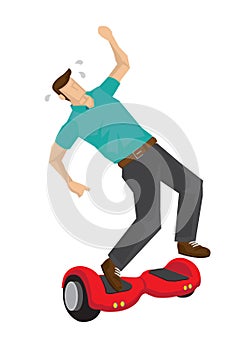 Illustration of a man falling from a two-wheeled hover board. Co