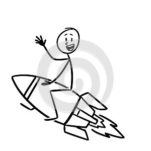 a man flies high on a rocket