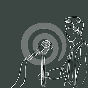 Illustration of a man giving speech with microphone in front of him