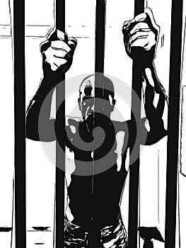 Illustration of man in jail with hands holding prison bars