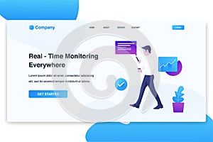 Illustration of man looking and holding mobile phone, monitoring the data. Modern flat design concept, landing page template.