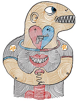 Illustration of a man, love, hate and sex conceptual hand drawn