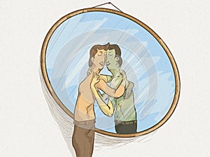 Illustration of a man in the mirror in love with himself in a self-sexual attitude