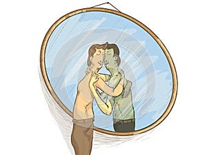 Illustration of a man in the mirror in love with himself in a self-sexual attitude