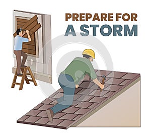 illustration of man Preparing his House for Hurricane