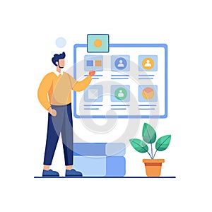 Flat vector illustration of a man presenting a dashboard with data visualizations.