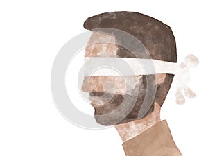 Illustration of a man`s profile with a blindfold. The analogy of secrecy, escape from reality and problems, escape from the world