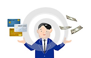 Illustration of a man showing credit card and cash Image of card cashing