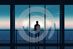 Illustration of a man silhouette against a window with a city view