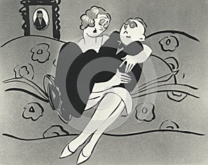 Illustration of man sitting in womans lap