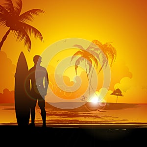 Man standing with Surf Board on Sea Beach photo